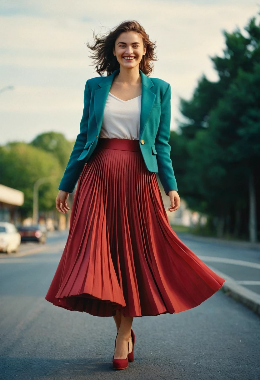 A smiling, authentic, (shy:1,3), kind, beautiful woman, is passionately in love with her skirt, wind wildly flowing her skirt, wearing short blazer and (long (fully pleated) full circle skirt) and (low heeled court shoes), very, very intricate hyper-detailed symmetric (attractive graceful young feminine face) with (sad, tired eyes and a loving smile), very voluptuous breasts, full of empathy and compassion and love, (pronounced (feminine) features), (highly detailed ultra accurate realistic) hands and fingers, (windy), epic composition, highly detailed attributes, (35mm f1.4 Kodak portra 400 photograph), extremely high quality RAW photograph, highly detailed atmosphere, sci-fi, cinematic shot, dynamic lighting, 75mm, Technicolor, Panavision, cinemascope, sharp focus, fine details, 8k, HDR, realism, realistic, key visual, film still, superb cinematic color grading, depth of field