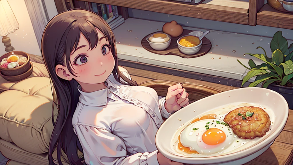 8k, {best quality}, {very aesthetic}, {ultra-detailed}, {best illustration}, High school girl wearing a white blouse, An exquisite living room bathed in the morning sun, {breakfast},　Fried egg,　{A big smile},　Eat happily, comical,　Small breasts, emo,