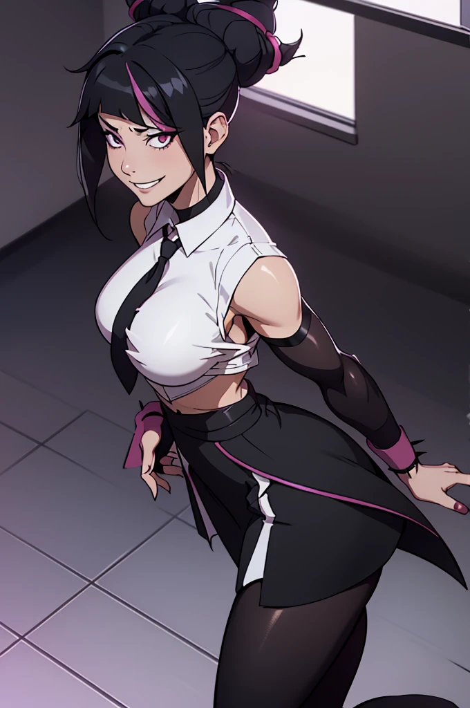 juri han, work of art, tight white secretary shirt with black tie, black high waist skirt, short skirt,stocking, black hair, black tights,evil smile,office,franja nos olhos,lighting,chifre de cabelos,view from above,olhando para cima
