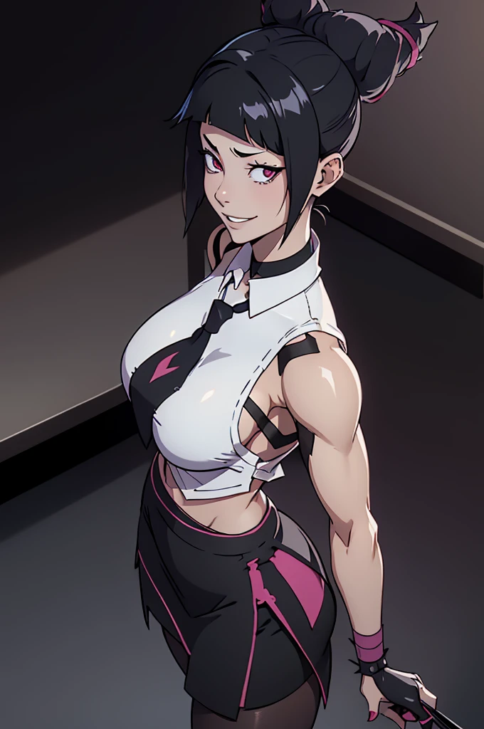 juri han, work of art, tight white secretary shirt with black tie, black high waist skirt, short skirt,stocking, black hair, black tights,evil smile,office,franja nos olhos,lighting,chifre de cabelos,view from above,olhando para cima
