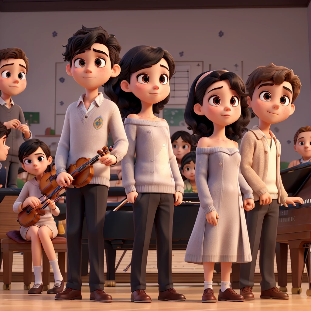 ((best quality)), ((masterpiece)), (detailed), 1girl, off-shoulder sweater,(young couple),((girl play the piano and the boy play the violin)),((Christian congregation in Brazil)),(boy in suit),(girl in veil and dress),(boy with short black hair),(girl with long, slightly wavy hair),(playing together next to each other)