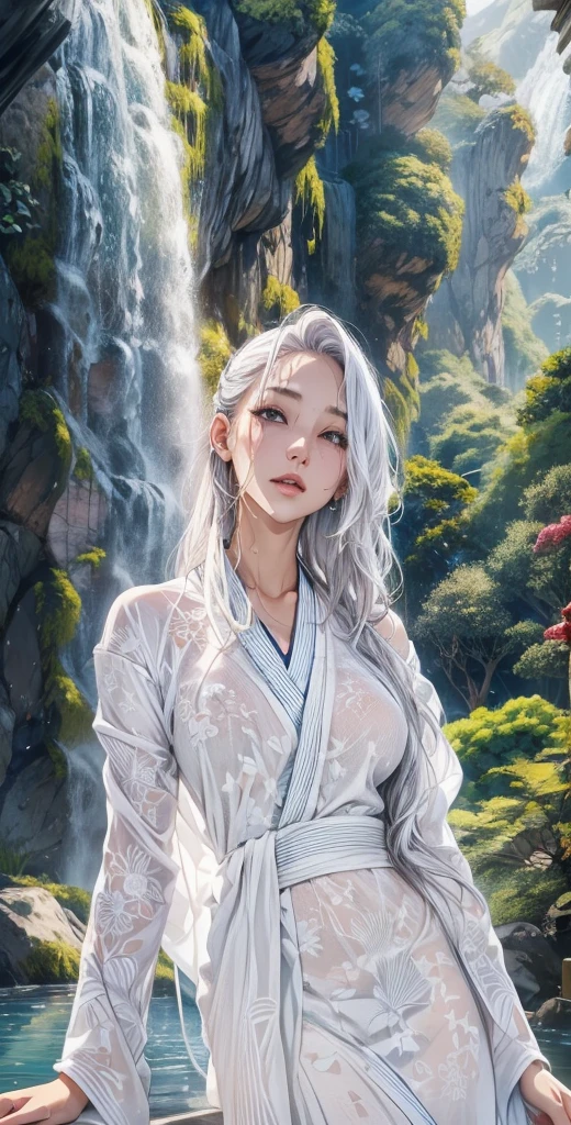 waterfall、Her white kimono is wet and transparent、waterfall修行、cute、40 year old Japanese woman、Silver Hair、長い髪のSilver Hair、My hair is wet too、waterfallに打たれて濡れている、The lines of your body are visible when wet、The kimono is plainの白い着物、The kimono is all white、The kimono has no pattern.、The clothes get wet and stick to the body.、White robes、All-white kimono、pure white kimono、Her kimono is wet and her skin is visible through it.、The white kimono I touched、White plain kimono、White robes、The whole body is wet with water、The fabric of the kimono is thin all over.、The skin of the whole body is transparent、The whole body of the kimono is wet and the skin is visible.、My face is wet、Her white kimono is showing through and is skin-colored、The kimono is plain、The kimono has no pattern.、