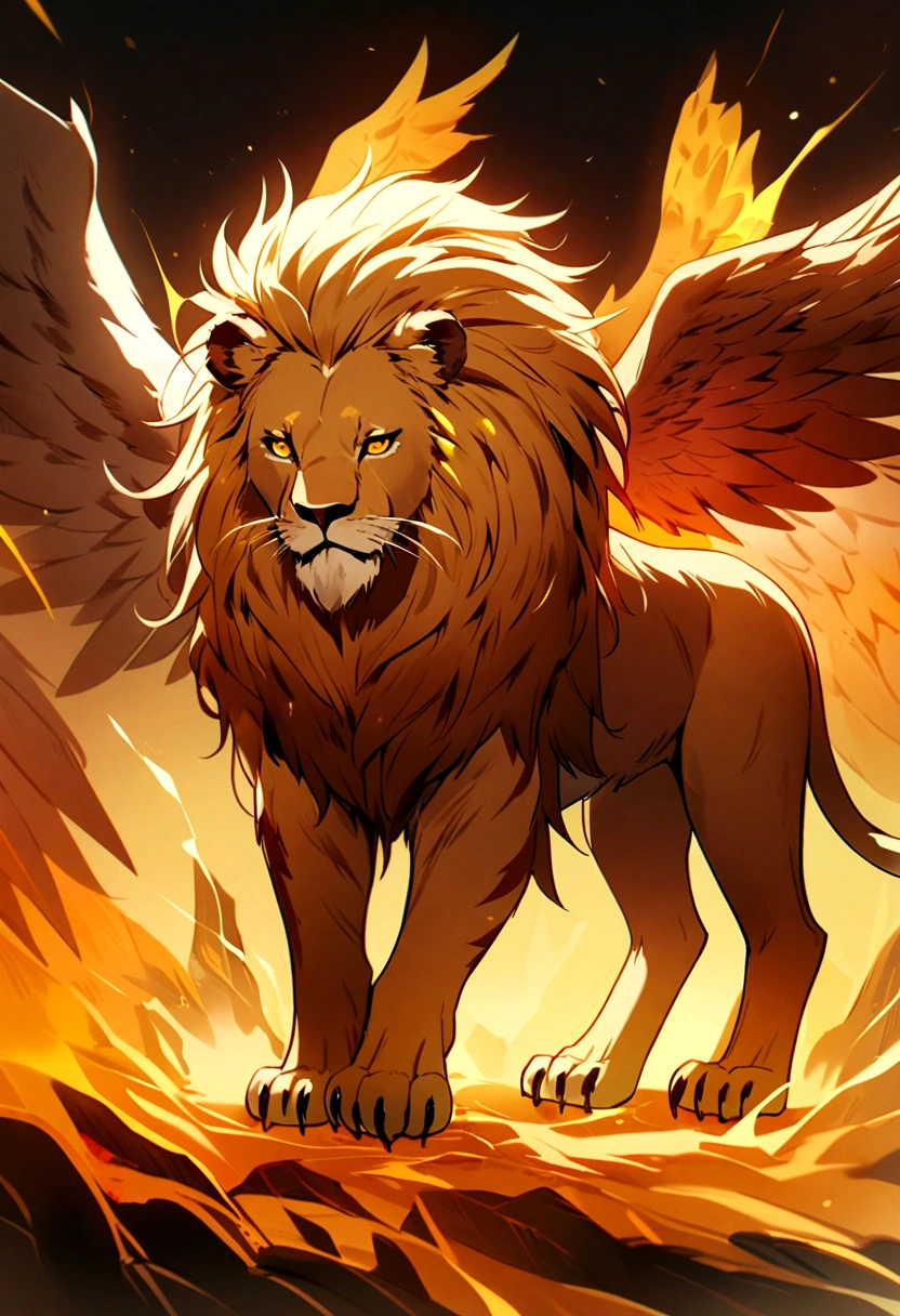 a lion that like salamander and eagle , wings , 4 legs , ears , hair , yellow tourqoise pink aura , yellow red eyes , orange scale , not a human