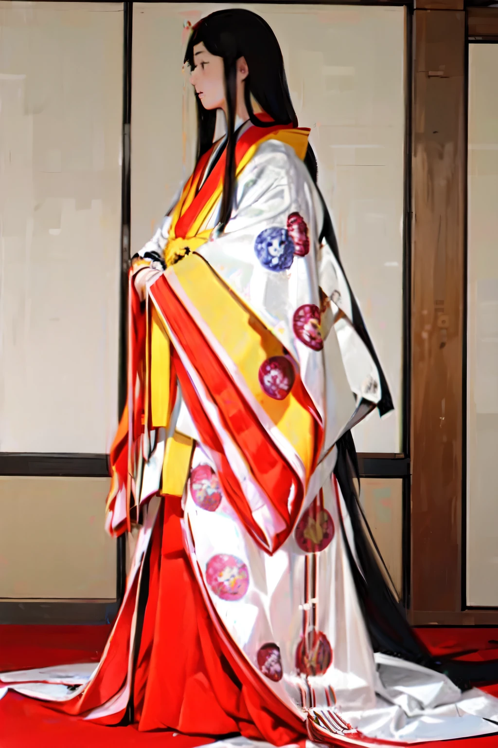 (masterpiece, best quality:1.2), 1girl, juni-hitoe, solo, hole body, from front, very long straight black hair, binsogi-hair, holding open hiogi, wine red karaginu, pink karaginu-eri, dark-red hakama, court crest print, itutuginu, kasanenoirome, munamoto itutugine, white mo-skirt, detail,