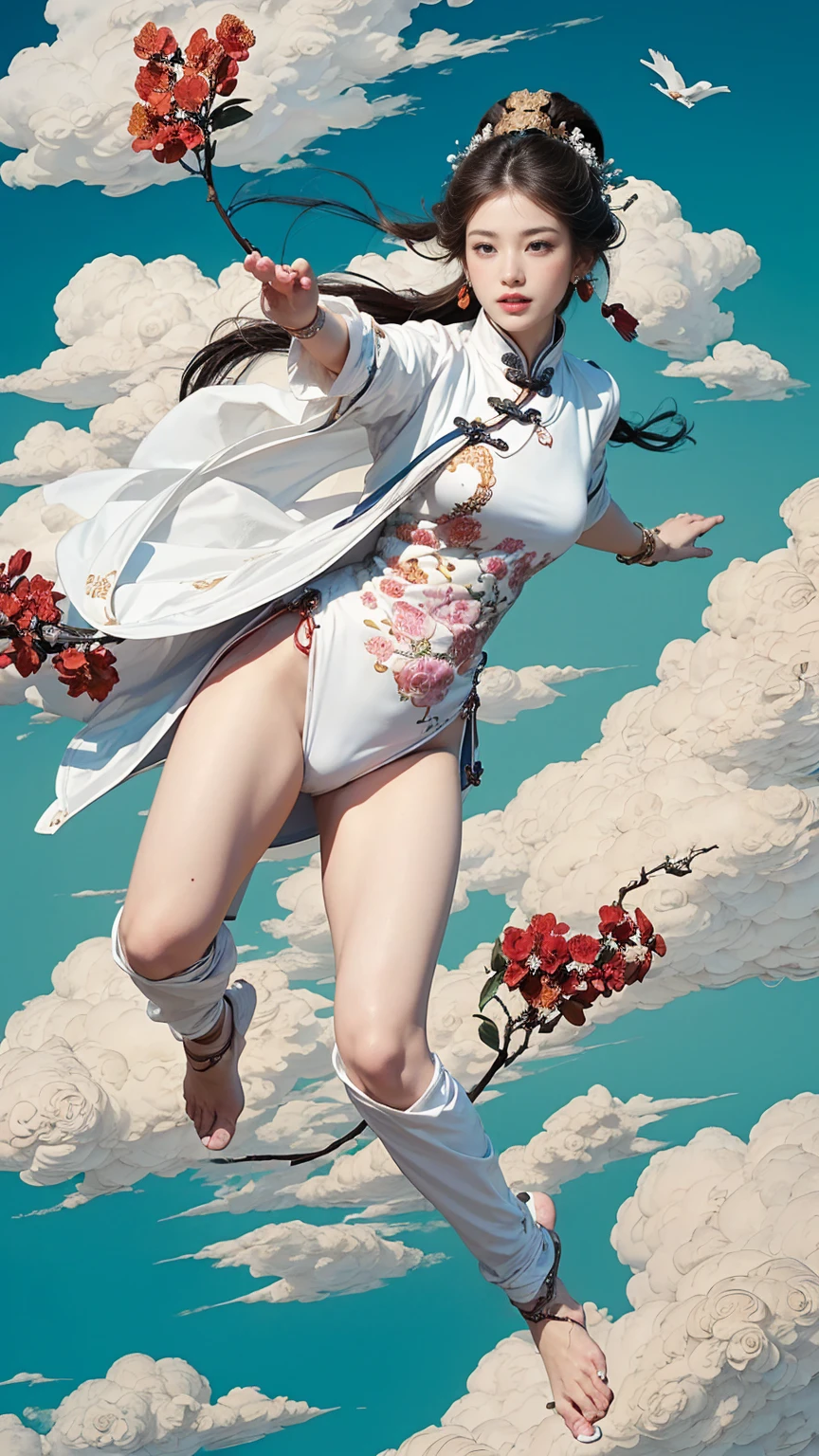 (masterpiece, Top quality, best quality, Official Art, beauty:1.2),(最詳細清晰的contour和五官:2.0,contour:2.0) (1 Chinese Goddess:1.5), Very detailed,(Dunhuang艺术:1.1),(Dunhuang,rich and colorful:1.1)(Flowers:1.3),Most detailed,(tangled:1.2), (Dynamic flight attitude,Foot on the white clouds,Show your thighs:2.0), (Blue sky, White clouds and bright moon background:1.3), (Chinese embroidered Hanfu:1.2), (Glowing skin,Camel toe:1.2), (Many colors:1.4), ,(earrings:1.4),