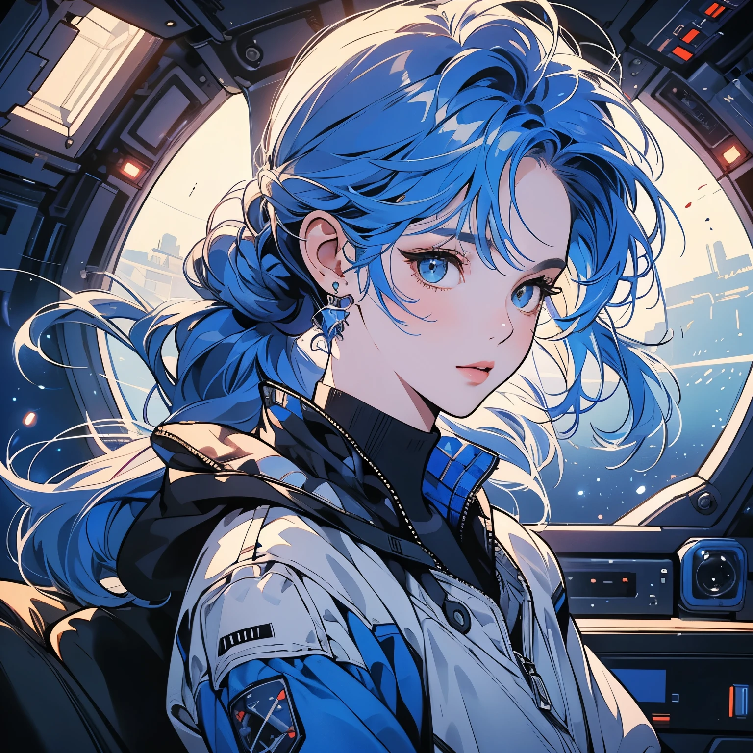 One beautiful woman, inside a spaceship, perfect machine, spacesuit, looking at camera, perfect face, zero gravity, outer space, lots of wires, switchboard, perfect and detailed machine, detailed hair, (((Various angles))), cockpit, upper body shot, most beautiful woman alive, head shot , Super detailed background, top quality, Unique and beautiful eyes, (((Various unique hairstyles))) Ghost in the Shell, Long shot, Panorama,(((Various hair color))), sparkling eyes,Outer space in the background, Unique and perfect face, Pale Lighting, shoot from above,blue hair, flat chest
