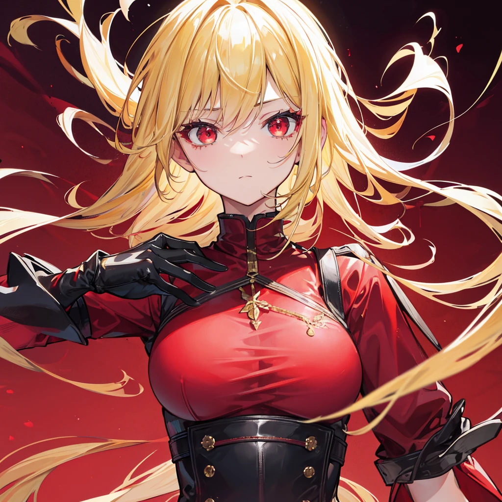 High quality, HD, 4k, Beautiful girl, teenager, blonde hair, gold hair, red eyes, serious, mature, medium breast, red dress, black leather clothing, black gloves, looking at viewer, upper body