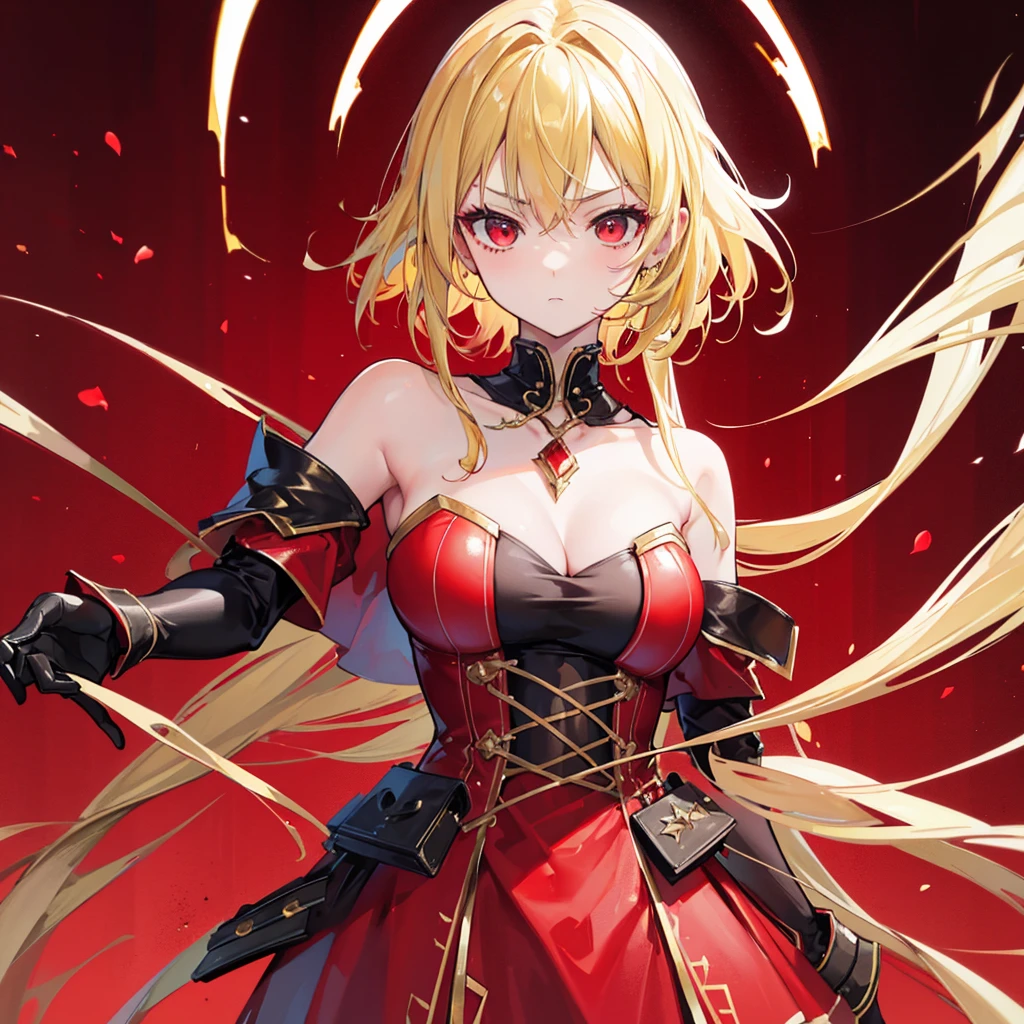 High quality, HD, 4k, Beautiful girl, ager, blonde hair, gold hair, red eyes, serious, mature, medium breast, red dress, black leather clothing, black gloves, looking at viewer, upper body