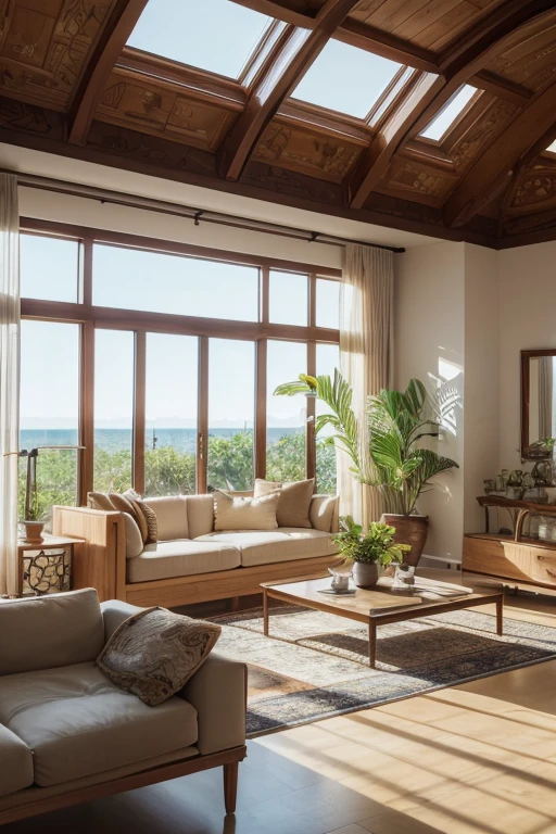 View of huge comfortable living room and kitchen island, (((highest quality))), (((super detailed))), (((masterpiece))), Large wooden windows with natural light, Beige sofa, wooden table, plants in vase, modern minimal design, ultra photoreal sim, masterpiece, very detailed, digital painting, highest quality, High resolution, Fine work, Post-processing, Creative Studio, architectural photography for advertising