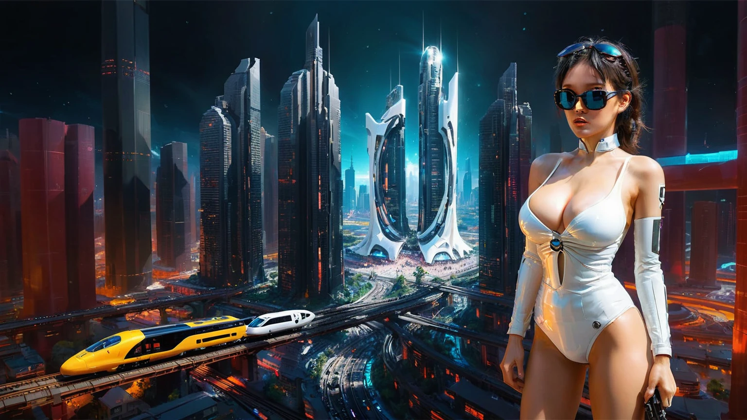 Brightly colored abstract aerial view image of a futuristic railway station with a spiral, a (((((futuristic all-glass train))))) passing by, epic beautiful space sci-fi, chaotic cinematic space rift, Greg Beeple, planets colliding, Beeple and Tim Hildebrandt, Beeple and Jean Giraud, end of the universe, (((((giant abstract sculpture))))), galaxy space sci-fi, ringworld, by Mike "Beeple" Winkelmann. Matrix style, (((((Matrix cascading code))))), (((((a futuristic twin tower skyscraper with a unique twisted design))))), (((((OLED GUI interfaces in the building))))), at night, (((((1girl, solo))))), photo realistic, (((large-breast:1.2 slim body, cleavage:1.4))), (((off broken mini sling-shirt and black sling bra, extreamly short pleated miniskirt exposing panty))), (((((running pose))))), (((((((matrix style black micro sunglasses))))))), ((((((((((aiming with a short gun)))))))))), (((((looking at camera))))), (((very low view))), (((((half-body thigh level medium shot))))), (((cinematic lighting))).