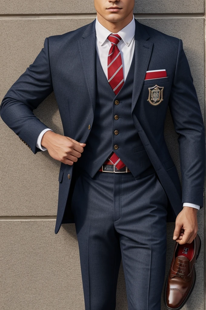 Uniform for Men:
 Jacket: Dark navy blue, formal work style, with the school crest in the upper left corner.
 Shirt: Buttons, white, classic cut.
 Tie: Red, with a sober and elegant design.
 Pants: Greyish, with a checkered pattern of a darker tone.
 Shoes: Formal, brown, well polished and elegant.

 Uniform for Women:
 Vest: Dark navy blue, wool, with the school crest in the upper left corner.
 Shirt: Long sleeve, button-down, white, worn under the vest.
 Skirt: Greyish, with a checkered pattern.
 Socks: Long, white.
 Tie: Red, coordinated with the men's.
 Shoes: Formal, matching the uniform.

 School shield:
 Design: A lion, representing courage and nobility, with details in gold and dark navy blue.