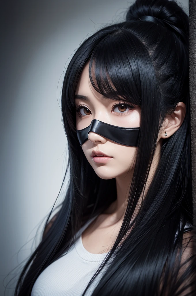 anime character with long black hair and a half face skull mask
