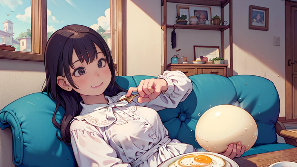 8k, {best quality}, {very aesthetic}, {ultra-detailed}, {best illustration}, High school girl wearing a white blouse, An exquisite living room bathed in the morning sun, {breakfast}, Fried egg, {A big smile}, Eat happily, comical, Small breasts, emo,