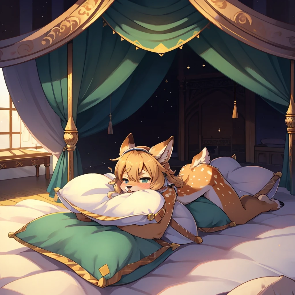 Masterpiece, Furry, two cute furries, a cute red deer boy and a cute dog, the dog has white fur with brown spots, the deer has brown fur with white spots, the deer is being fucked in the ass by the dog who is wearing a micro skirt and a slutty maid outfit while the deer is only wearing a torn apart suit, cartoon, cute, androgynous bodies, sexy pose, only the deer has antlers