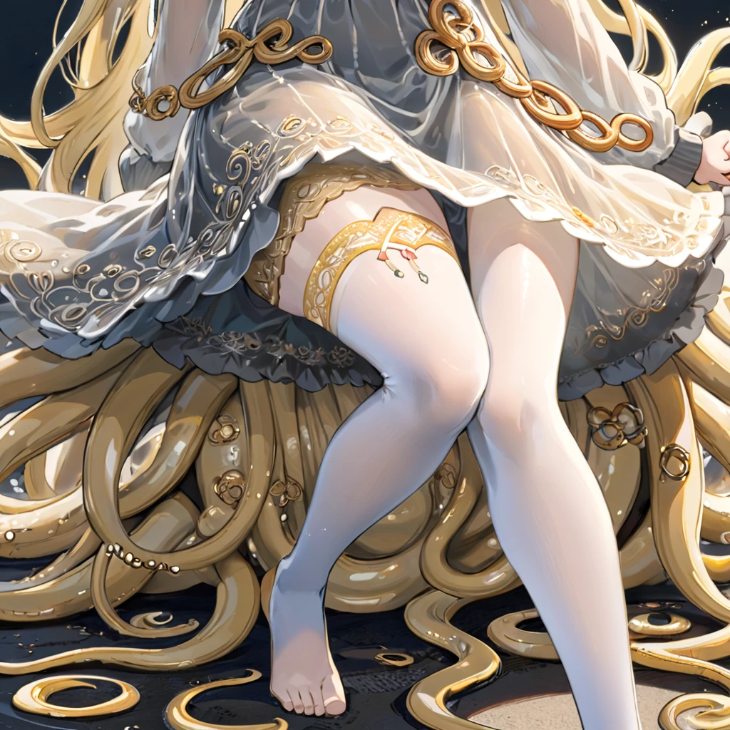 girl, Gold and silver embroidery, Medieval Long Dress(With panniers), Translucent fabric, Pull up the dress by hand, Strong winds, Translucent slip, Grey translucent tights, Peeking from below, Highest quality, Disorder of clothing, sit,Crotch close-up, whole body, Spread your legs,orgasm,blush, Sweat,White panties、Squat、Look at this、skirt、、Attacked by tentacles、Tentacles wrap around my legs、Tentacles in the crotch、Captured by tentacles、cry、shout、Ecstasy face、skirtの中の触手、Do not run away、Lying down、Torn clothes、skirtの下からスパッツが見えます、Spread your legs、Disheveled clothing、skirtをめくった、