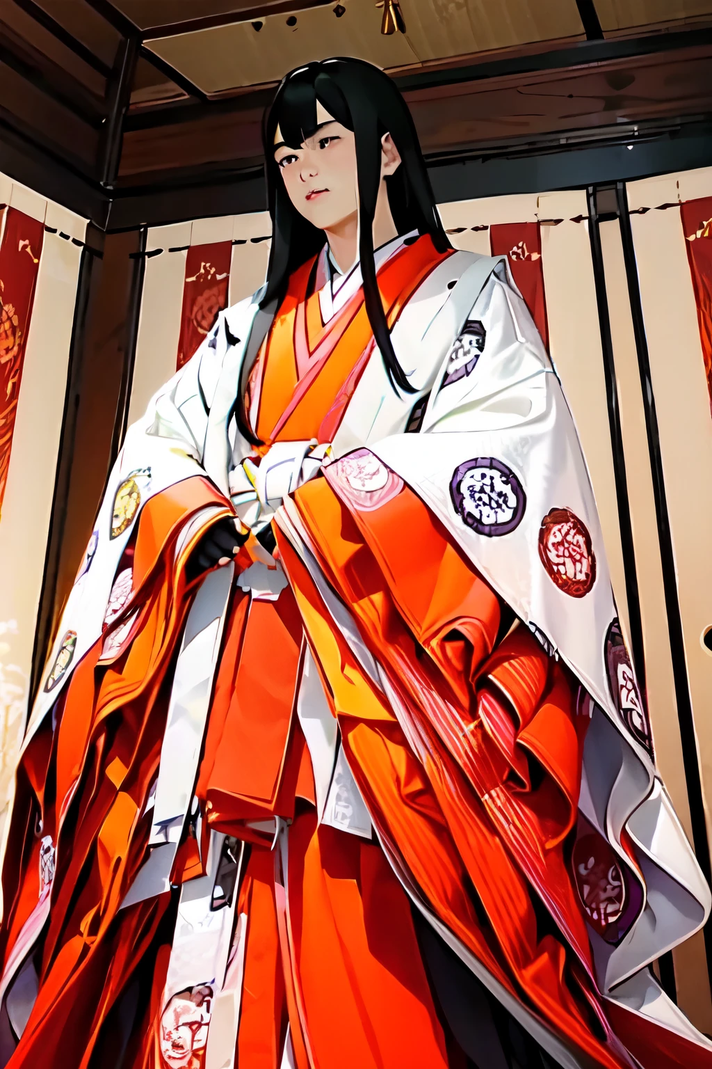 (masterpiece, best quality:1.2), 1girl, juni-hitoe, solo, hole body, from front, very long straight black hair, binsogi-hair, holding open hiogi, wine red karaginu, pink karaginu-eri, dark-red hakama, court crest print, itutuginu, kasanenoirome, munamoto itutugine, white mo-skirt, detail,