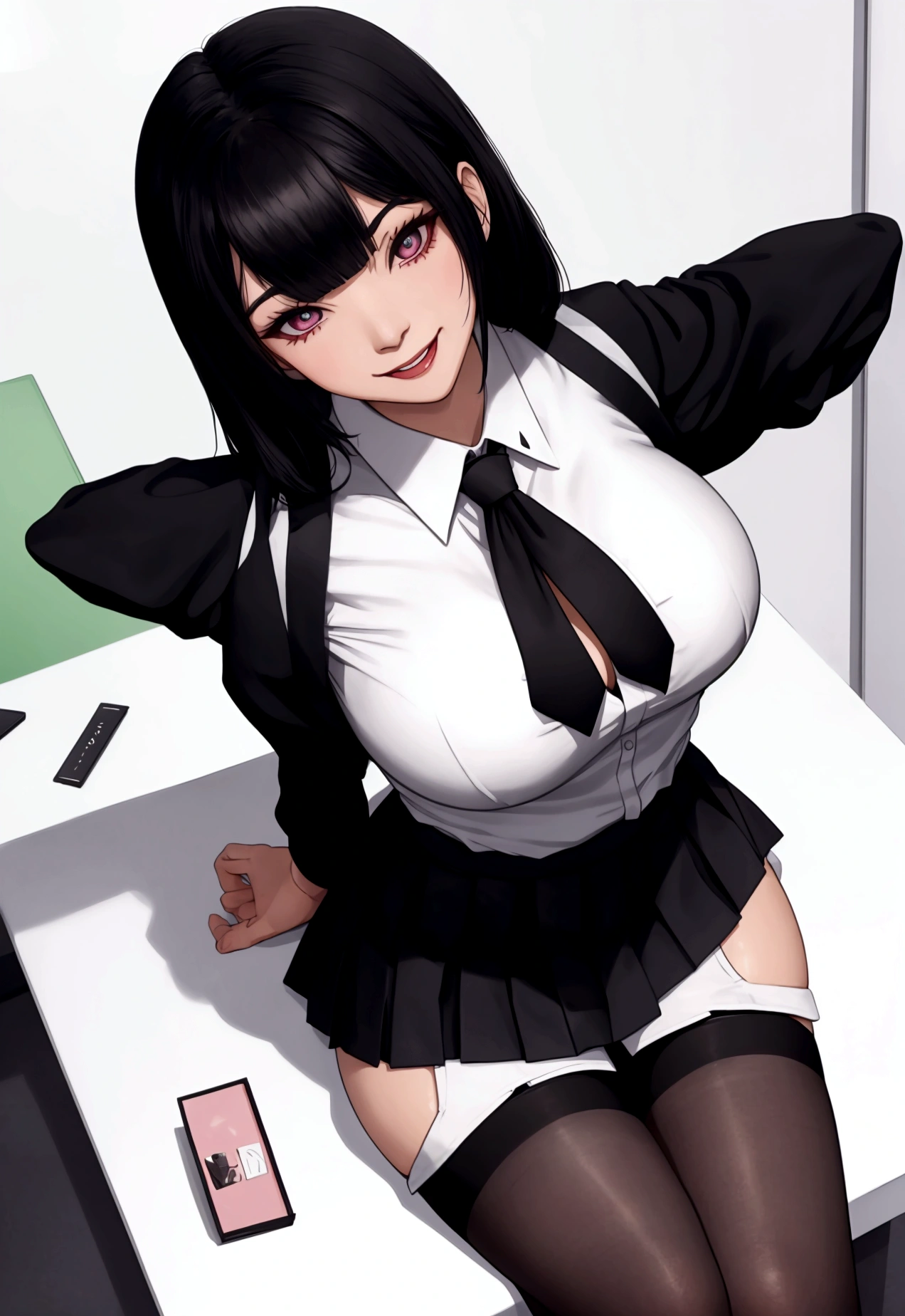 juri han, work of art, tight white secretary shirt with black tie, black high waist skirt, short skirt,stocking, black hair, black tights,evil smile,office,franja nos olhos,lighting,chifre de cabelos,view from above,olhando para cima
