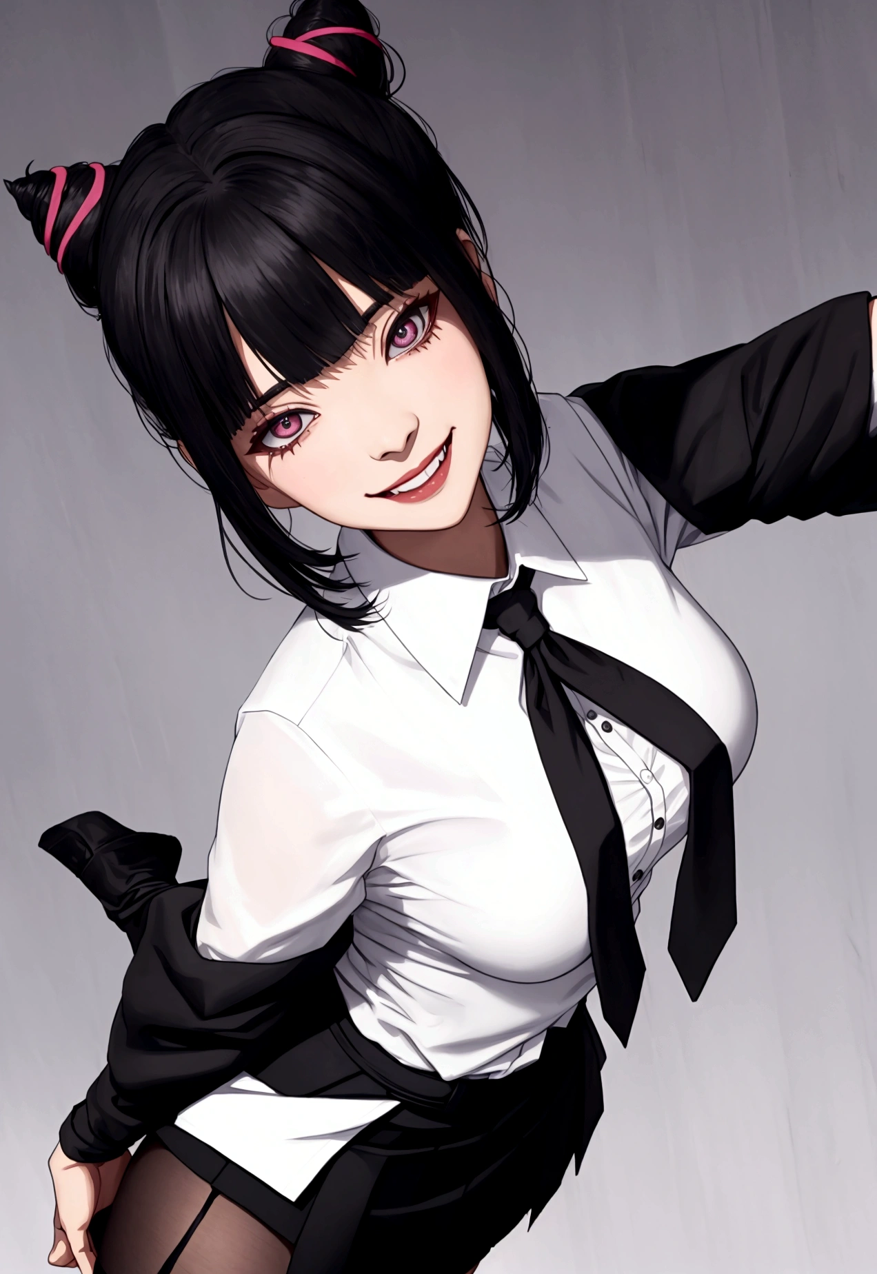juri han, work of art, tight white secretary shirt with black tie, black high waist skirt, short skirt,stocking, black hair, black tights,evil smile,office,franja nos olhos,lighting,chifre de cabelos,view from above,olhando para cima