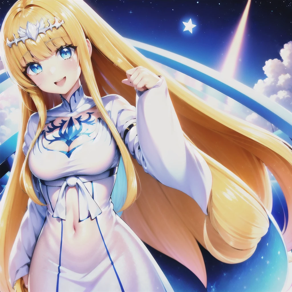 looking_at_viewer,:d,sweeping, 1girl, solo, Calca, Calca Bessarez, blonde hair, (extremely long hair:1.3), very long hair, white tiara, white dress, blue eyes, medium chest, long straight hair, mature female, 25 years old,