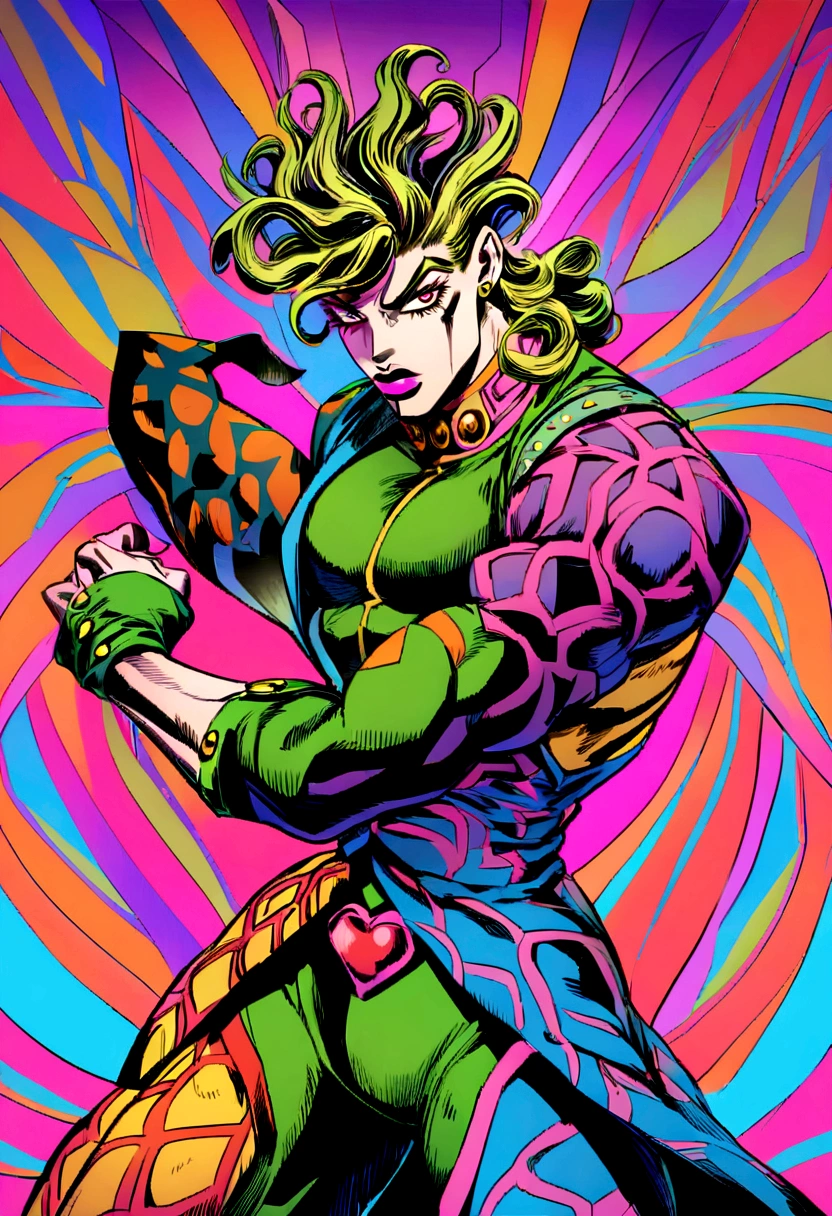 Create a character in the style of JoJo's Bizarre Adventure. The character stands in a bold and dynamic pose, showcasing a muscular and well-defined physique. They have sharp, angular facial features and intense, expressive eyes. The character's outfit is flamboyant and intricately designed, with bold patterns and vibrant colors, reflecting the unique and extravagant fashion typical of JoJo's universe. Their hair is styled dramatically, adding to their fierce and stylish appearance. The background is vibrant and surreal, with dynamic lines and contrasting colors, capturing the intense and dramatic atmosphere of JoJo's Bizarre Adventure. The overall scene exudes a sense of action, adventure, and the extraordinary, embodying the iconic and stylish flair of JoJo's universe.