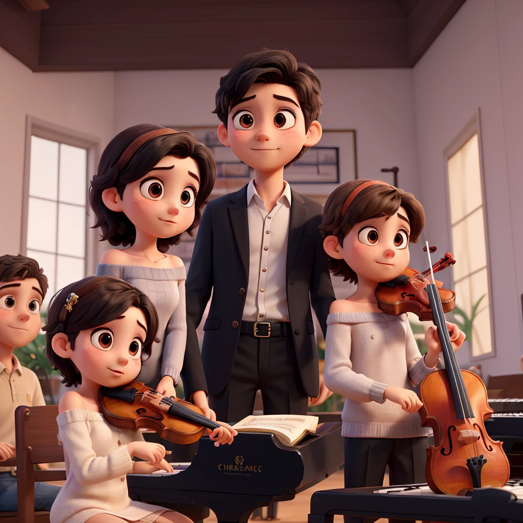 ((best quality)), ((masterpiece)), (detailed), 1girl, off-shoulder sweater,(young couple),((girl play the piano and the boy play the violin)),((Christian congregation in Brazil)),(boy in suit),girl in veil and dress,(boy with short black hair),girl with long, slightly wavy hair