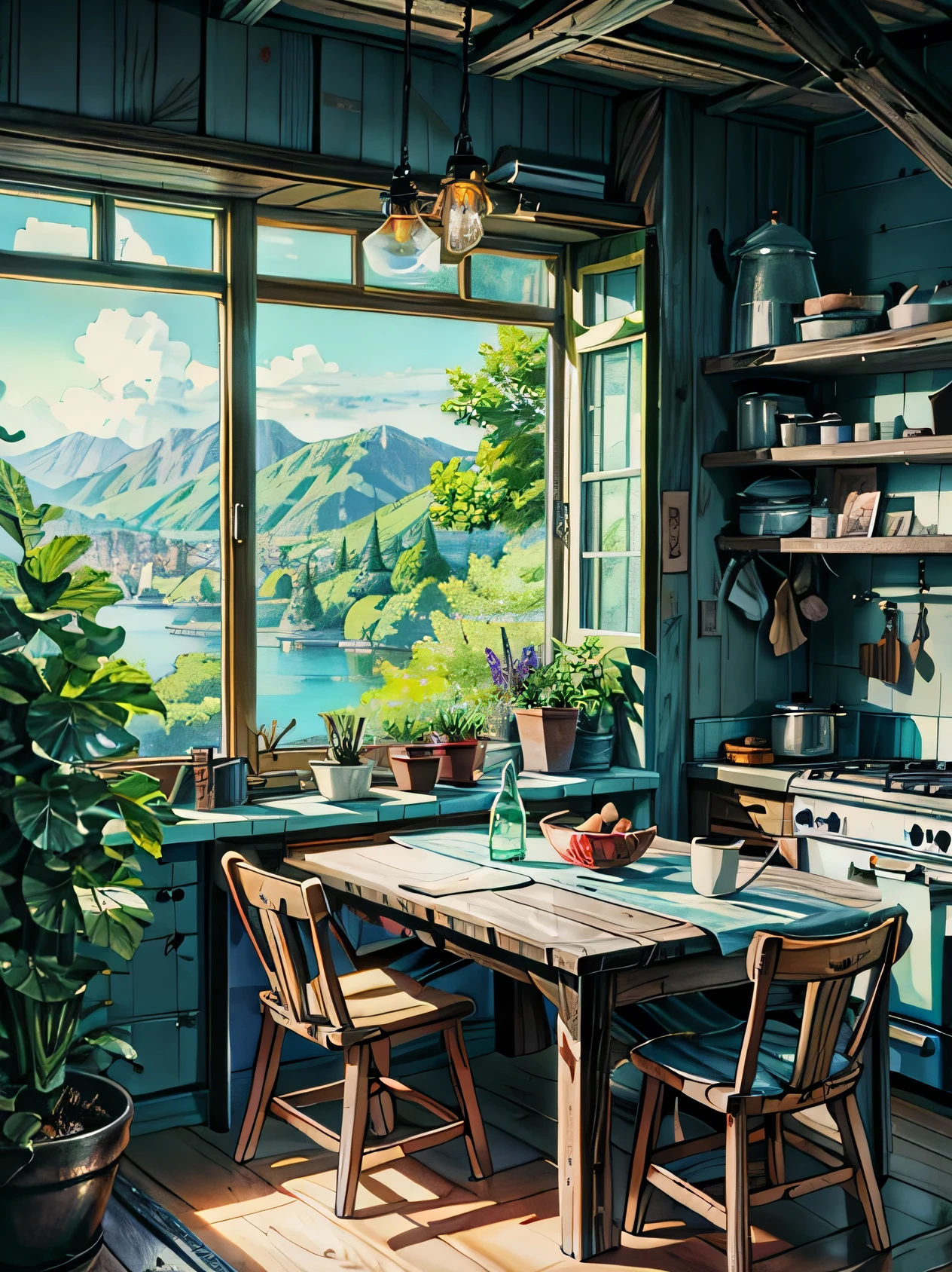 Picture of a kitchen with a table and chairs, anime. by Makoto Shinkai, by Makoto Shinkai, by Makoto Shinkai, makoto shinkai. High detail, ( ( makoto shinkai ) ), Studio Greeble Makoto Shinkai, makoto shinkai. —h 2160, too much growth. by Makoto Shinkai,  4K High Definition,, Beautiful Art UHD 4K, Beautiful artwork illustration, Beautiful digital painting, Highly detailed digital painting, Beautiful digital art, Detailed painting 4k, Highly detailed digital painting, Rich, picturesque colors, Gorgeous digital painting