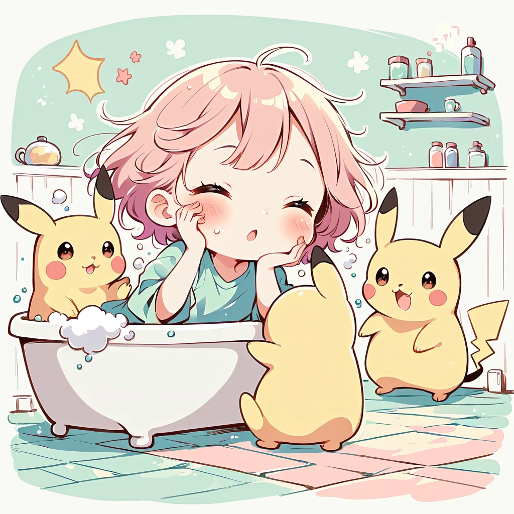 Cute Pikachu washing his face in the bathroom、pastel colour