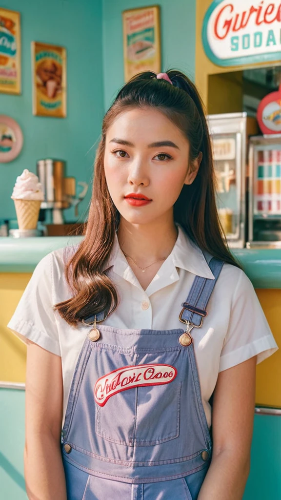 Portrait MagMix Girl look at camera, long hair, Overalls, Retro ice cream parlor with pastel-colored walls, a classic soda fountain counter, and vintage ice cream posters, bathed in bright sunlight, analog film photo, Kodachrome, pale skin, Korean girl