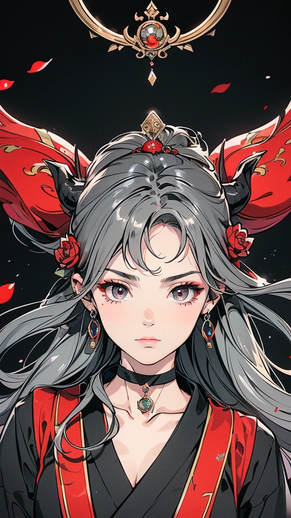 Seven Rhaeyar (Deylta), Ancient Star goddess, Perfect female anatomy (Royalty, Adult Female, 166cm in height, Cool pale skin, slim, slender, 34D breast size, Long Jet Black Hair, Gray Colored Iris , a set of Jet black colored horns on her head), Neutral facial expression, Elegant black uniform dress, female choker accessory with silver complimentary jewelry, dragon motifs, Black rope accessories, Simple Black Background, receiving light from the front, Slightly focusing on her face up close, Ethereal glow, Red Rose petals falling, Japanese inspired