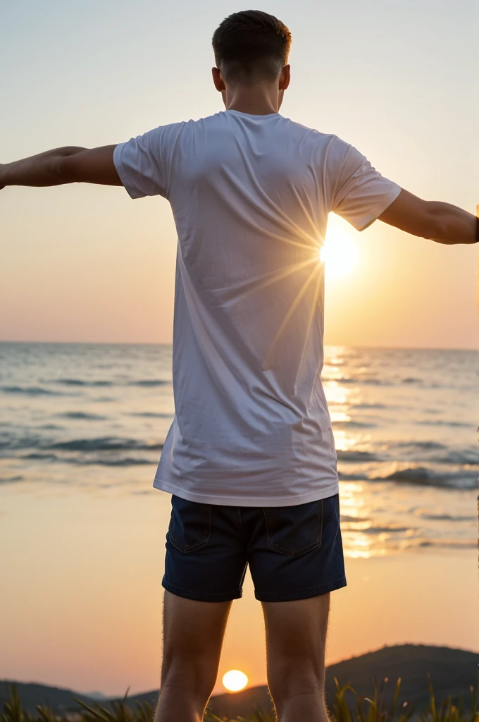 20-year-old young man with a white t-shirt who is watching the sun rise and therefore has his back turned.