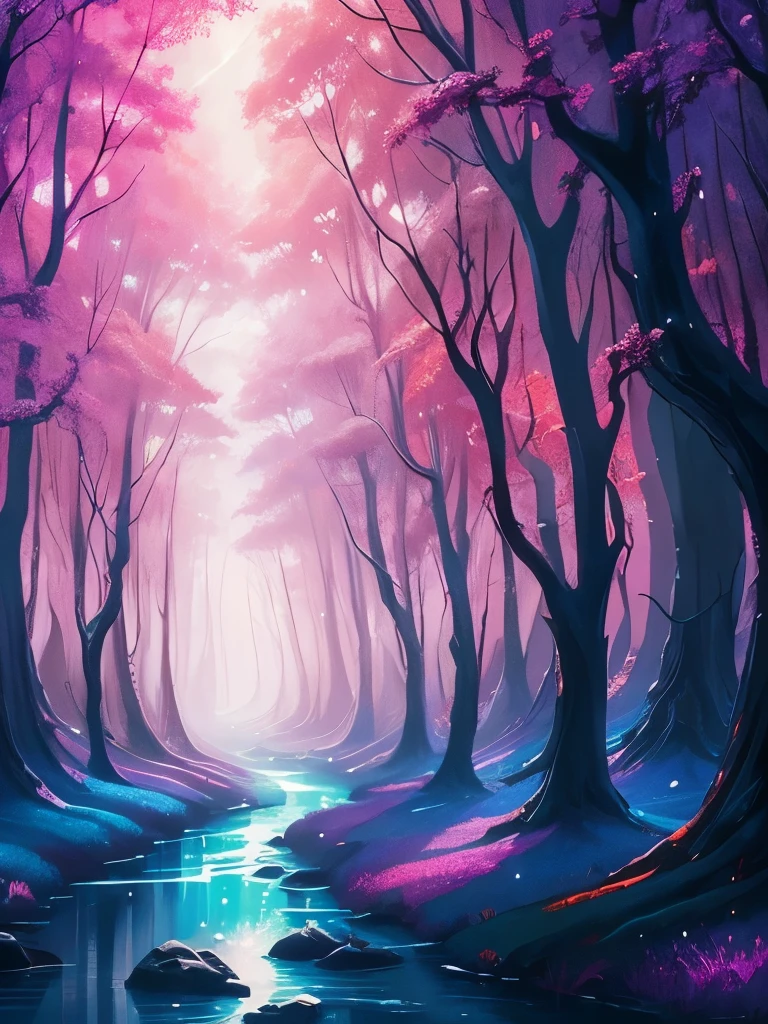 a painting of a forest with a river and stars in the sky, digital art inspired by Cyril Rolando, tumblr, fantasy art, magical forest, magical fantasy forest, magical background, magical forest backround, glowing forest, background artwork, magical forest in the background, enchanted magical fantasy forest, magical colours and atmosphere, fantasy forest, magic fairy forest, magic forest