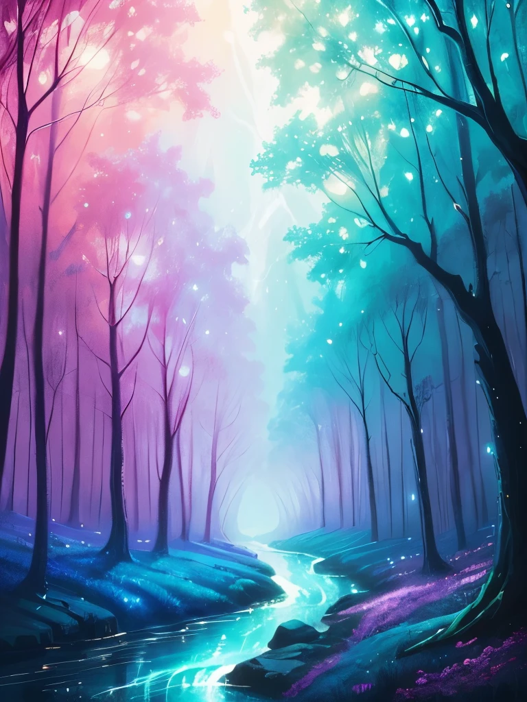 a painting of a forest with a river and stars in the sky, digital art inspired by Cyril Rolando, tumblr, fantasy art, magical forest, magical fantasy forest, magical background, magical forest backround, glowing forest, background artwork, magical forest in the background, enchanted magical fantasy forest, magical colours and atmosphere, fantasy forest, magic fairy forest, magic forest