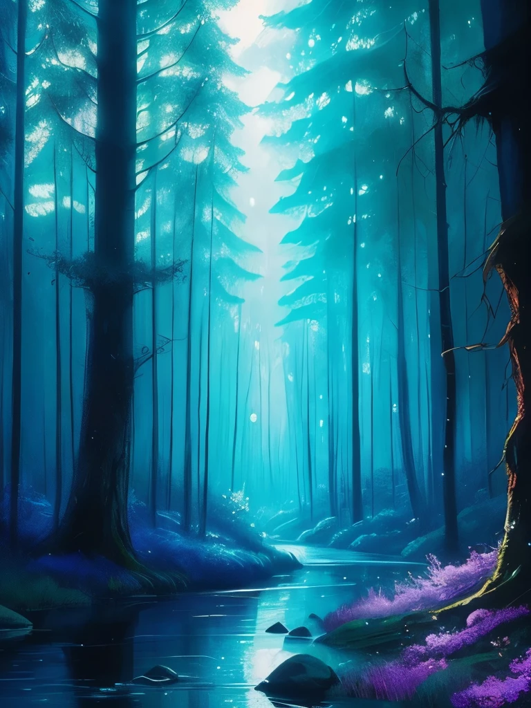 a painting of a forest with a river and stars in the sky, magical forest, magical fantasy forest, magical background, magical forest backround, glowing forest, background artwork, magical forest in the background, enchanted magical fantasy forest, magical colours and atmosphere, fantasy forest, magic fairy forest, magic forest, magical colors and atmosphere, very magical and dreamy