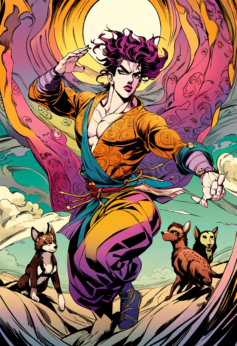 Create an illustration of the classic fairy tale character Momotaro in the style of JoJo's Bizarre Adventure. Momotaro stands in a powerful, dynamic pose, his physique muscular and well-defined, with sharp, angular features and intense, expressive eyes. He wears an ornate kimono with bold, intricate patterns and vibrant colors, blending traditional Japanese elements with JoJo's flamboyant fashion. His hair is styled dramatically, adding to his fierce appearance. Beside him are his three loyal companions: a dog, a monkey, and a pheasant, each rendered with distinctive, exaggerated designs, showcasing their unique personalities. The background features a surreal, vibrant landscape with bold, contrasting colors and dynamic lines, capturing the dramatic and intense atmosphere characteristic of JoJo's Bizarre Adventure. The overall scene exudes a sense of action, adventure, and the extraordinary, blending the classic tale of Momotaro with the iconic, stylish flair of JoJo's universe.