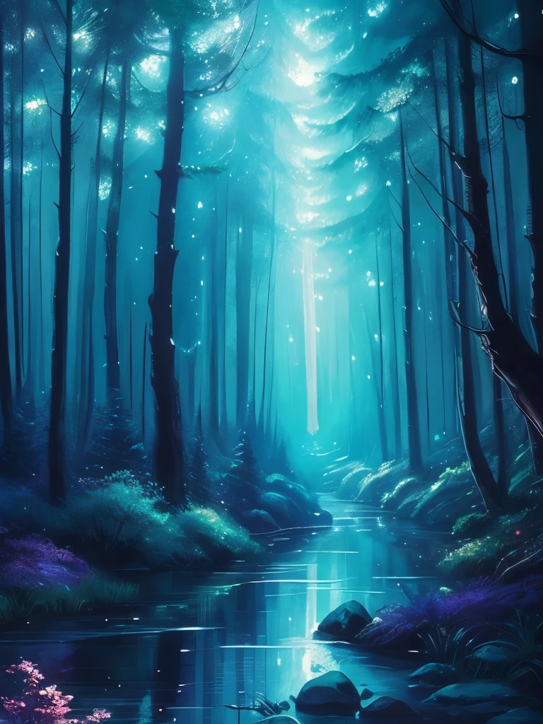 a painting of a forest with a river and stars in the sky, magical forest, magical fantasy forest, magical background, magical forest backround, glowing forest, background artwork, magical forest in the background, enchanted magical fantasy forest, magical colours and atmosphere, fantasy forest, magic fairy forest, magic forest, magical colors and atmosphere, very magical and dreamy