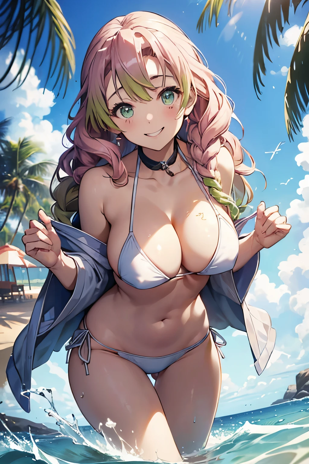 (8K、masterpiece、Highly detailed background、high resolution)、(mitsuri kanroji)、Cleavage、(beach、White Bikini、Swim ring、Gravure pose、Embarrassed smile、Nipple protrusion)