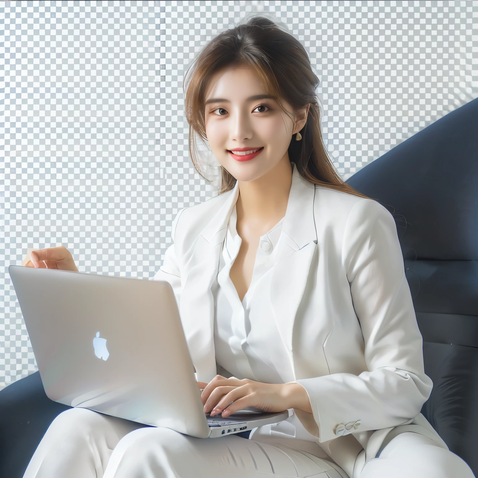 arafed woman in white suit sitting on a chair with a laptop, realistic professional photo, on clear background, professional portrait hd, clear background, amazing professional picture, elegant smiling pose, professional background, professional detailed photo, professional image, professional photoshop artwork, full view blank background, white background and fill, detailed professional photo, high quality portrait, professional picture