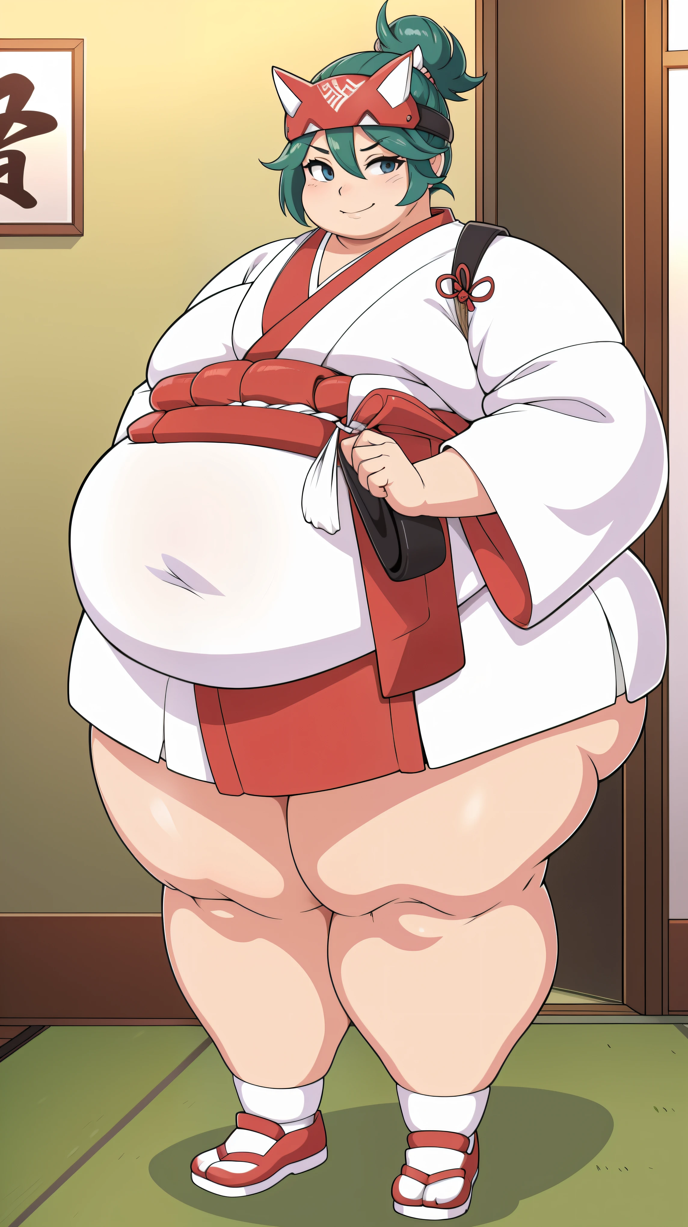 (Obese:1.1)japanese style white talisman, bedroom, accessories, wristlet, bandage ,Smirk, Looking at viewer,, full body
 