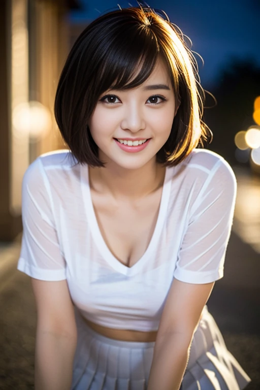 a gorgeous lady, age 22, white T-shirt, black pleated miniskirt, under night sky, natural pose, dimpled smile, short bob hair, cute snaggleteeth, well-endowed round bosom, photorealistic, beautiful detailed face, beautiful detailed eyes, hyper-realism, high contrast, ultra HD, realistic skin textures, top image quality, top-quality, super high resolution, fine details, very meticulously, bokeh background