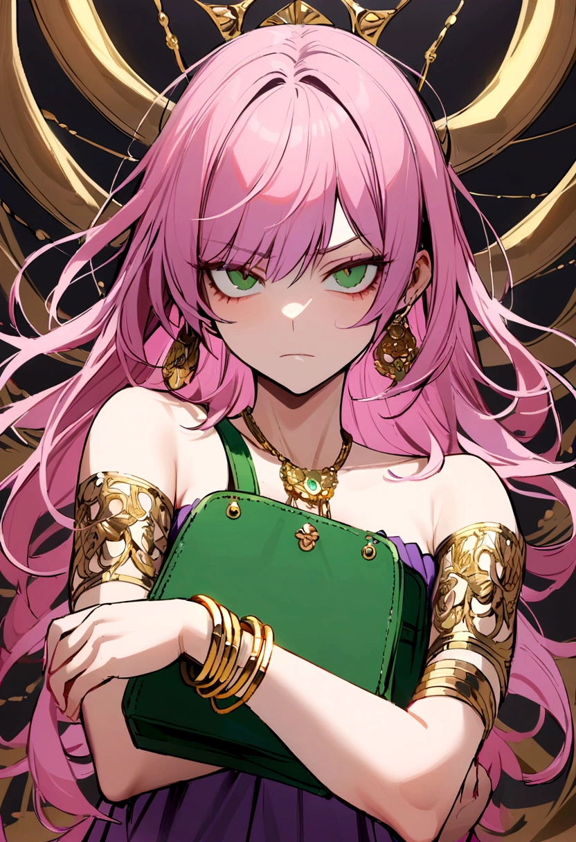 Girl with short purple-pink hair, dark green eyes, purple strapless dress, white t-shirt inside, wearing many gold bracelets, green handbag, sly face