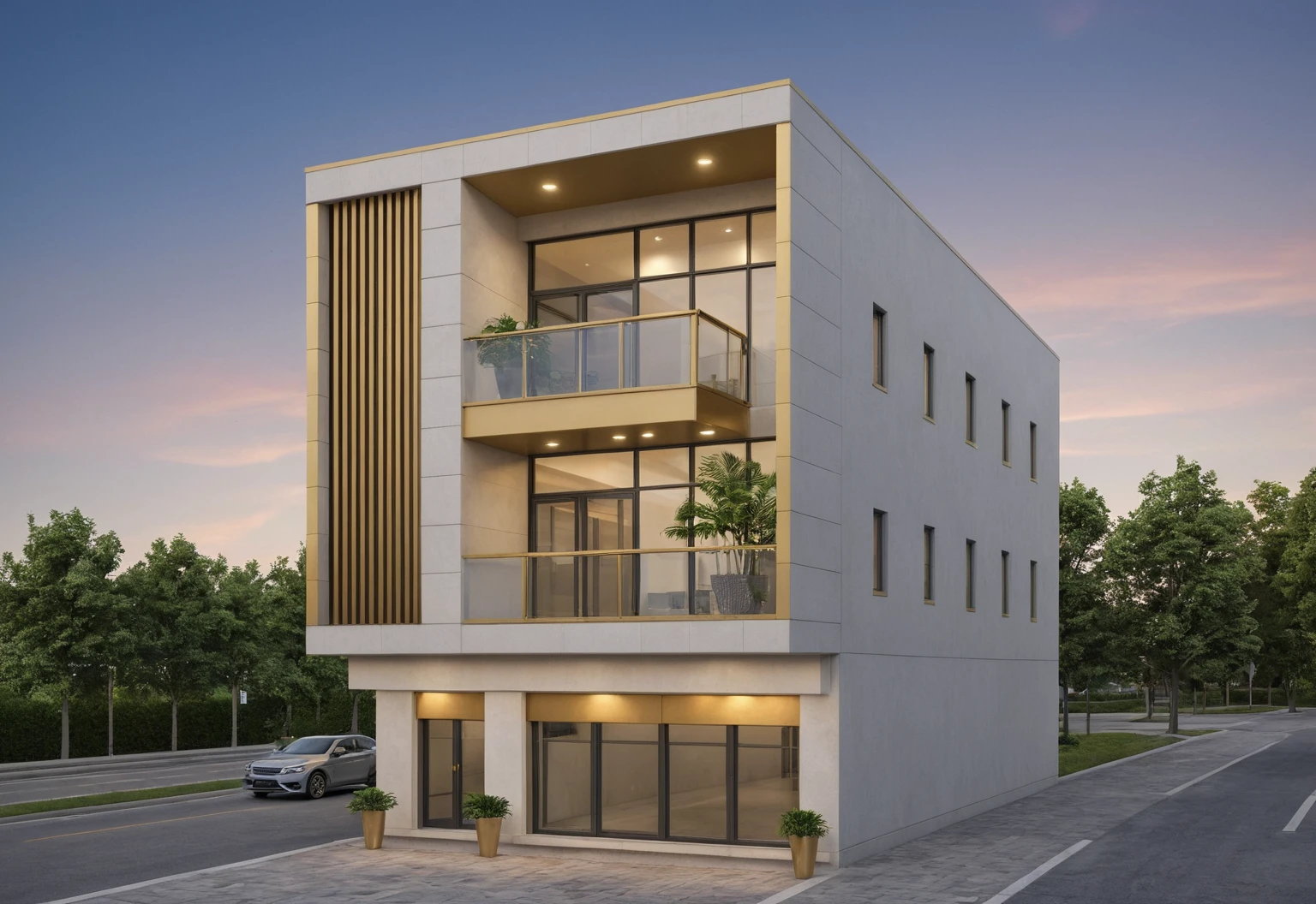 Raw photo,Masterpiece, high quality, best quality, authentic, super detail, modern style, aiaigroup,office building, decorative bars, decorative louvers, sun louvers, aluminum wall cladding, gold aluminum, glass railing,outdoors, tree, building, scenery, city, road, real world location, treet, window, balcony, glass railing, on the street, minimalist line, daylight, realistic