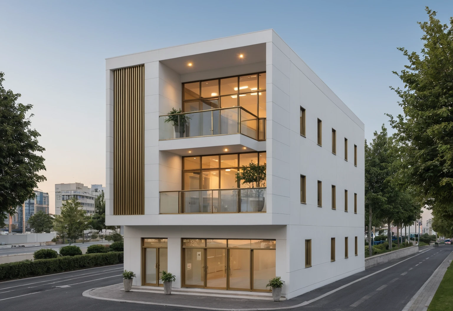 Raw photo,Masterpiece, high quality, best quality, authentic, super detail, modern style, aiaigroup,office building, decorative bars, decorative louvers, sun louvers, aluminum wall cladding, gold aluminum, glass railing,outdoors, tree, building, scenery, city, road, real world location, treet, window, balcony, glass railing, on the street, minimalist line, daylight, realistic