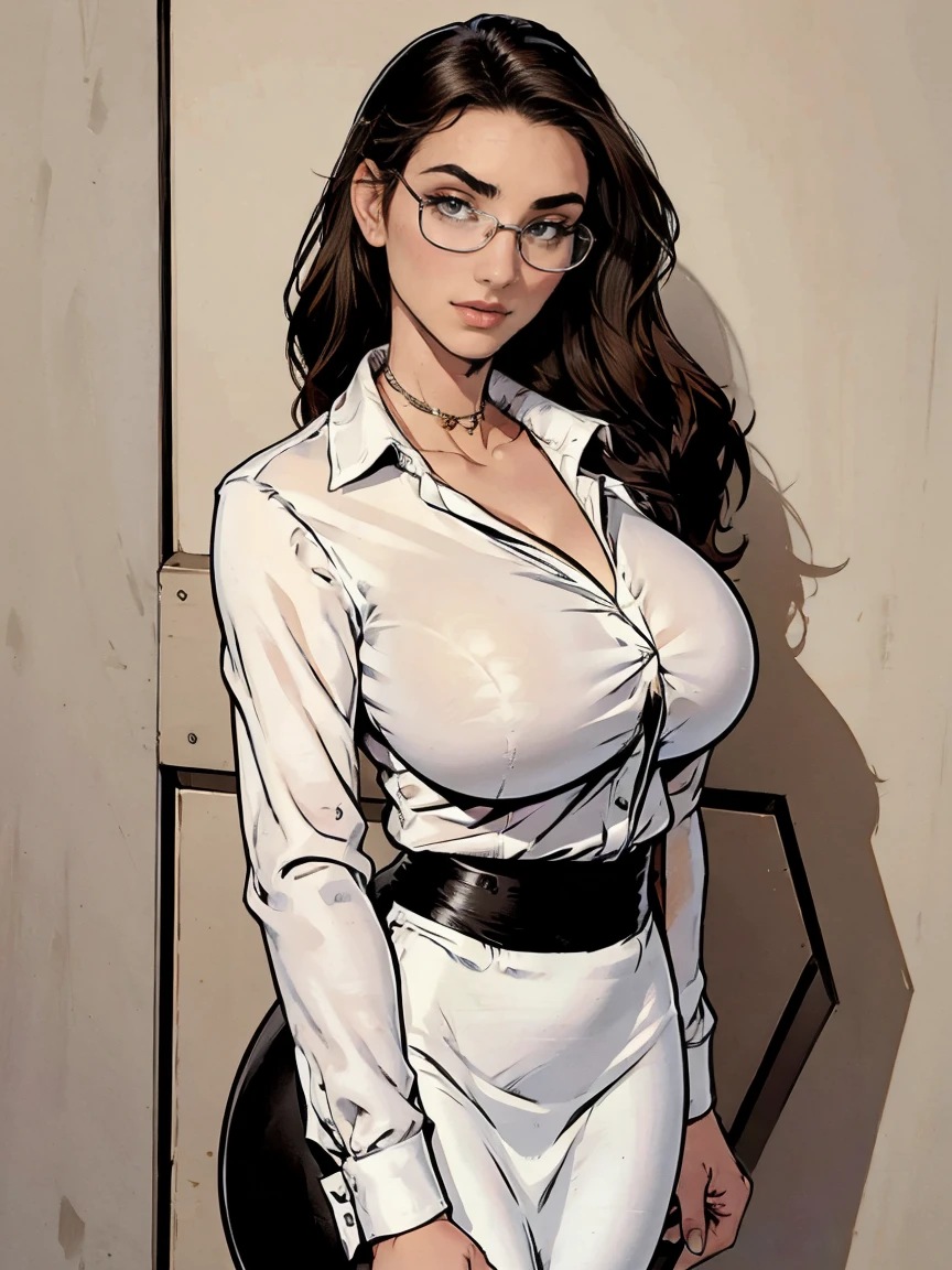 Gorgeous and sultry busty athletic (thin) brunette with sharp facial features and a (large nose) and (big boobs) wearing a blouse and black pencil skirt, glasses, secretary, office