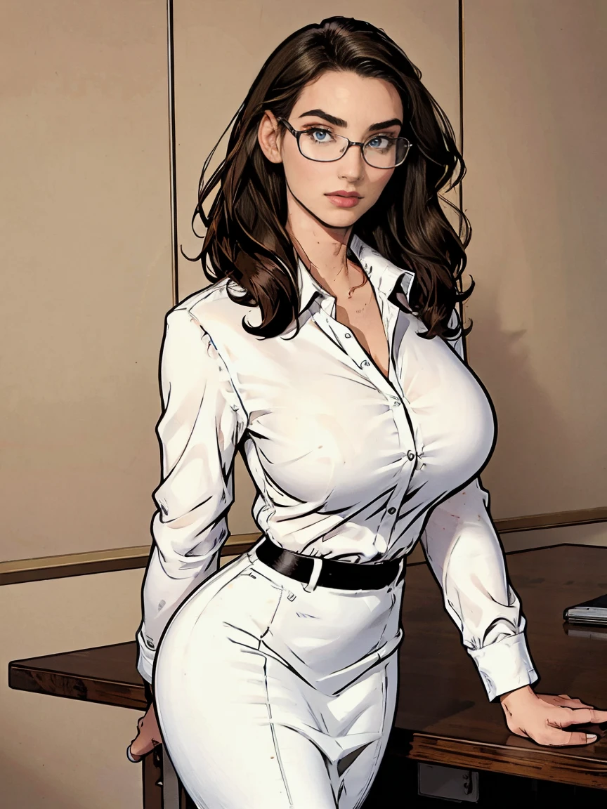 Gorgeous and sultry busty athletic (thin) brunette with sharp facial features wearing a white blouse and black pencil skirt, glasses