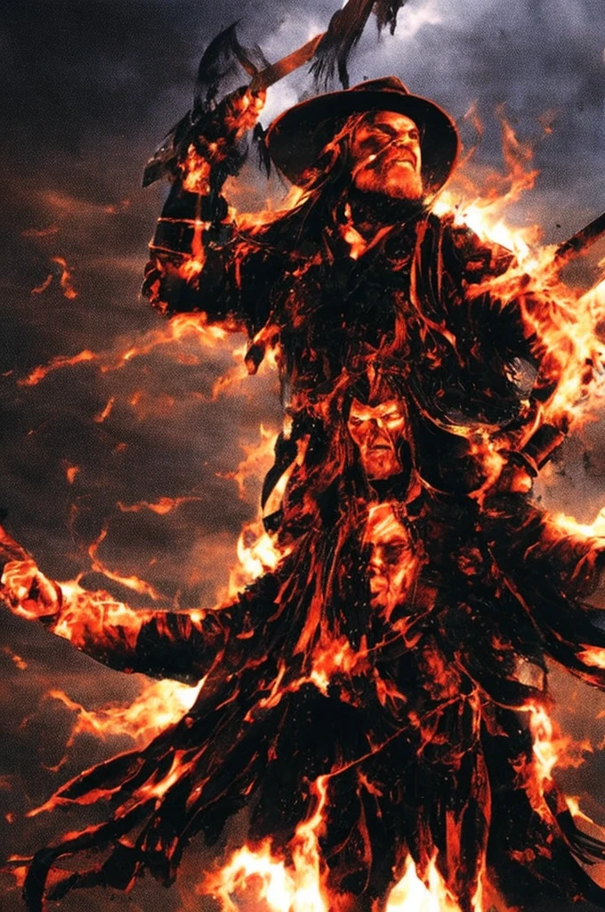 Blood God wearing a black fedora, ripped black shirt, long red hair, grey skin, crying blood, grave in background, full body