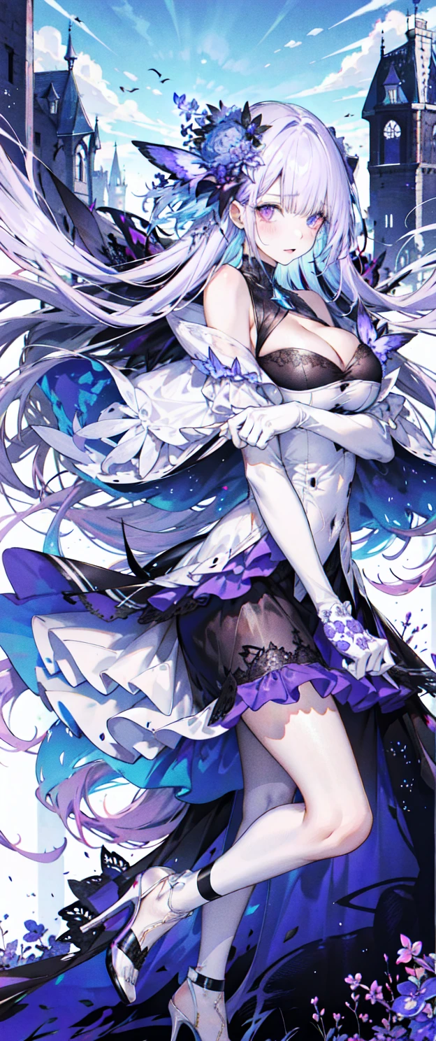 ((masterpiece:1.4,best quality)),(Super detailed),(Extremely detailed eyes),(Shiny socks:1.5),Hello Darkness
(Cute girls),,(Blood-red pupils,Diamond-shaped pupil:1.15),Purple Eyeshadow,(elongated hair,Thick hair,Single ponytail,shiny hair:1.5)(Changes through:1.2),despair,sad,Empty eyes,tears streaming down my face,tilting its head to the side,
(She wore a blue dress,:1.5),(Black gloves:1.4)Very long plush sleeves,White,White Cloud,Dream bubbles ,Ice and glitter effects
(Black long skirt:1.1),
((Starry Sky:1.2)),
(Intense black and white:1.16),(Depth of Field:1.4),,Intricate details,(((Detailed background,Castle in the Sky,Purple flowers by the lake))),(((Huge breasts,Bare breasts,Deep cleavage,White stiletto high heels,Transparent clothes)))