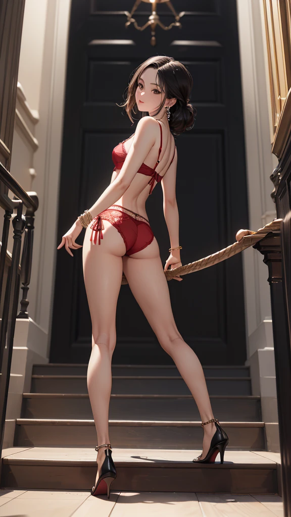 ((Biologically correct limb count))、((Full Body Shot, Full-body photo including face、Head to toe photos))、4K、masterpiece、((Focus on the face))、((Symmetrical facial features))、Eyes of meticulous depiction、One beautiful woman、Excellent style、(Red panties and bra、Black garter stockings、High heels with anklets）、Detailed Description、Small earrings、necklace、Looking back while climbing stairs、High angle、Looking up