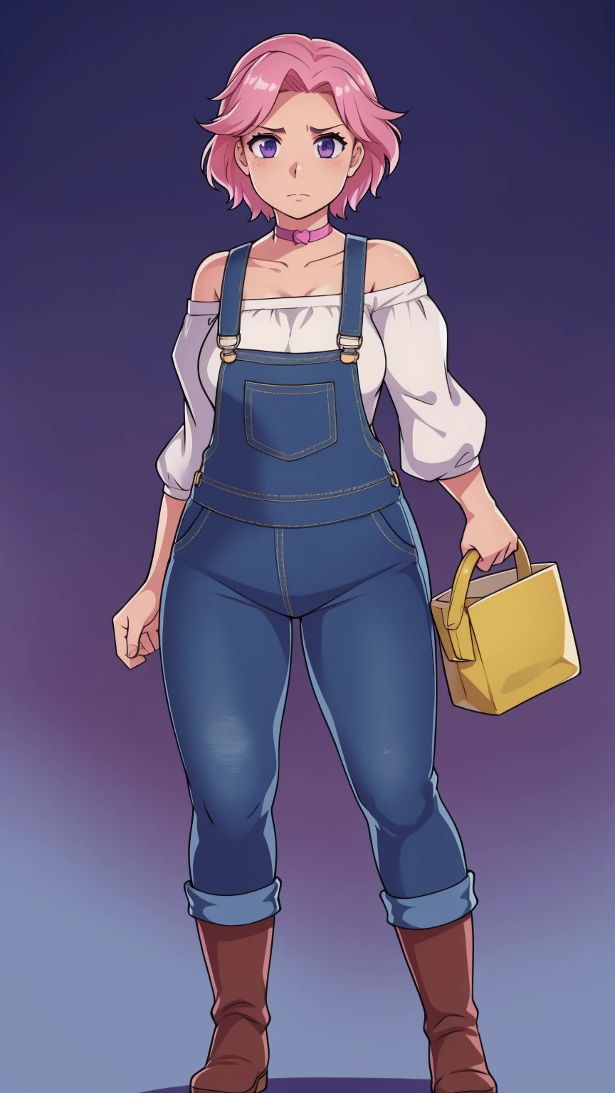 Nervous, sad, farm backround, Full body, looking at viewer, 1girl, solo, short pink hair, (dark blue choker), (dark blue denim overalls), (purple eyes), (pink boots), (white shoulder lantern sleeve blouse, tucked in pants