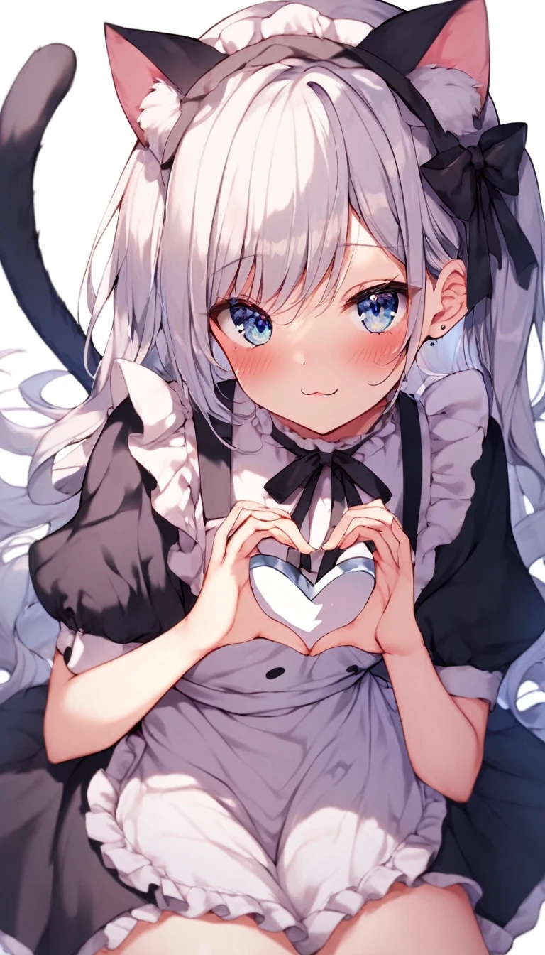 score_9, score_8_superior, score_7_superior, score_6_superior,a cartoon cat with white hair is sitting up, making a heart with her hands, 1girl, animal ears, solo, heart hands, heart, blue eyes, tail, cat ears, apron, blush, white background, long hair, cat tail, dress, looking at viewer