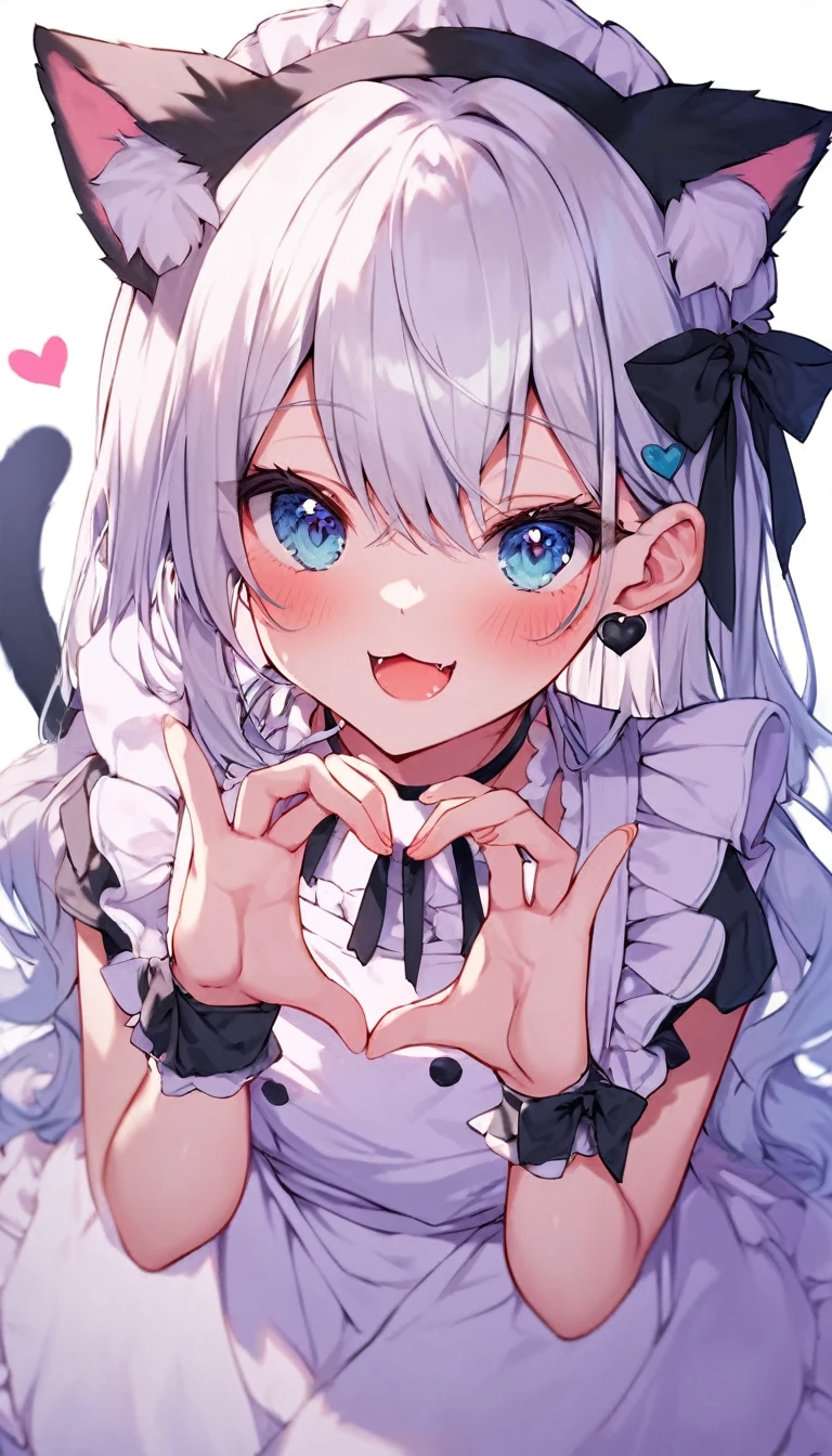 score_9, score_8_superior, score_7_superior, score_6_superior,a cartoon cat with white hair is sitting up, making a heart with her hands, 1girl, animal ears, solo, heart hands, heart, blue eyes, tail, cat ears, apron, blush, white background, long hair, cat tail, dress, looking at viewer